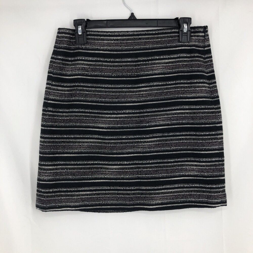 LOFT Outlet Black White Striped Fringe Twill Pencil Skirt Lined Zip Size 6